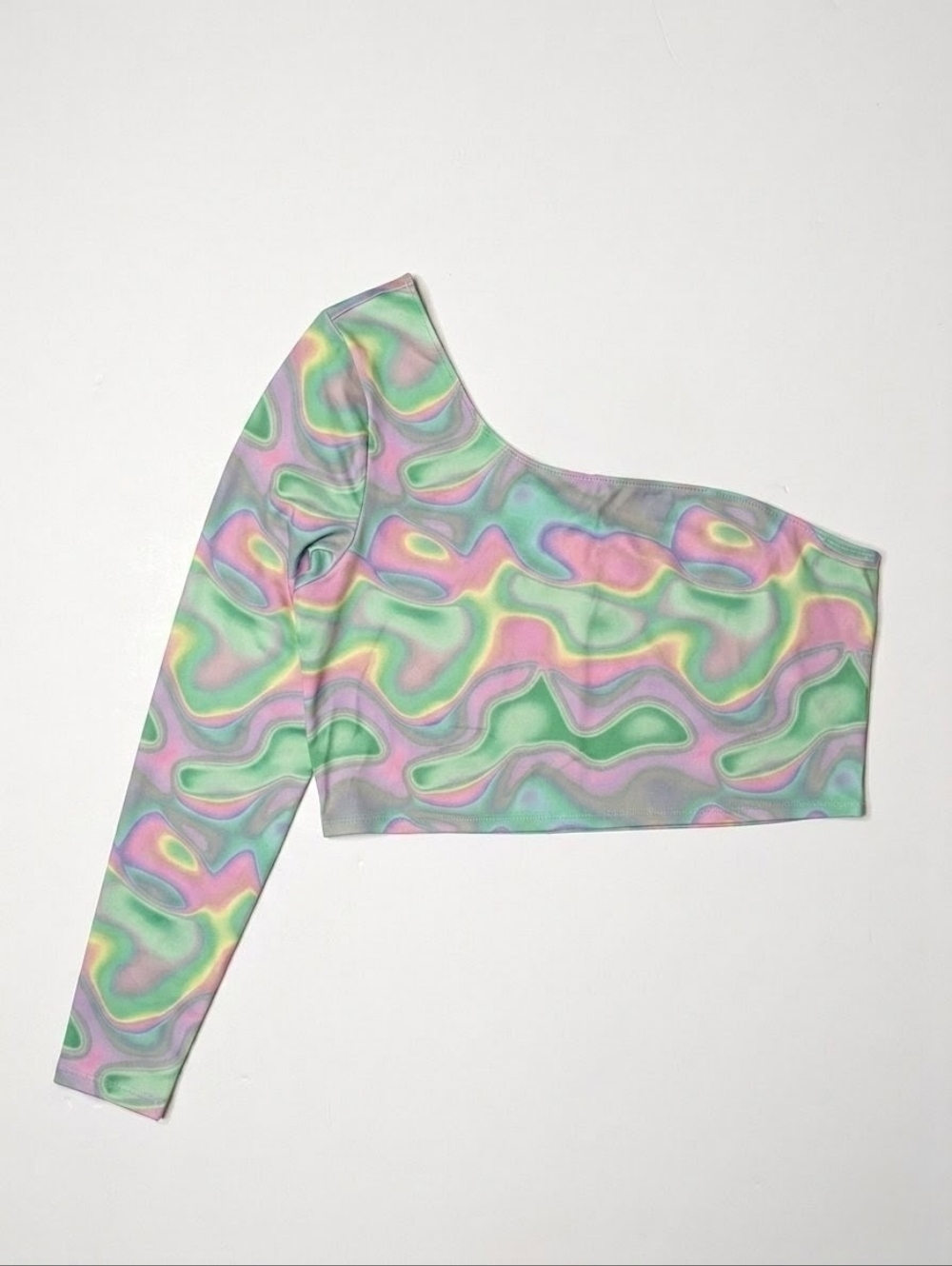 Monki Abstract Swirl One Shoulder Long Sleeve Crop Top | Size XXL